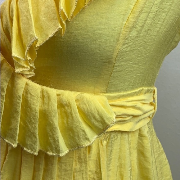 Ya Los Angeles Sunny yellow, silky ruffle V neck wrap babydoll mini dress S - Picture 3 of 8
